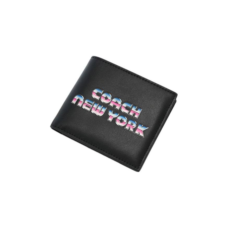 Coach Billfold Wallet Double Layer Printed Logo New York Folded Leather Clutch Card Holder Wallet Medium Unisex Wallets Black C3412-QBBK