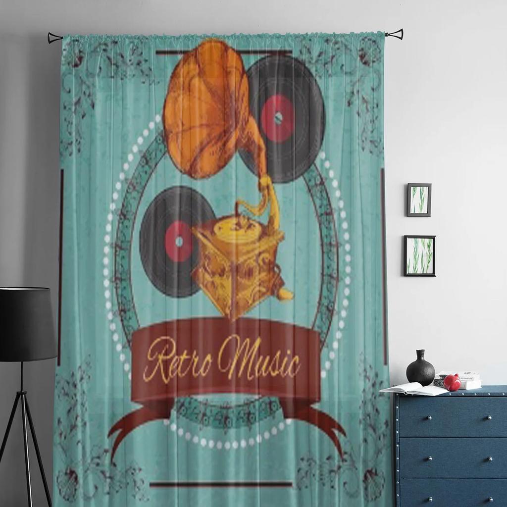 Retro Music Poster With Vinyl Gramophone Chiffon Sheer Curtains for Living Room Bedroom Window Curtain Voiles Tulle Cortinas