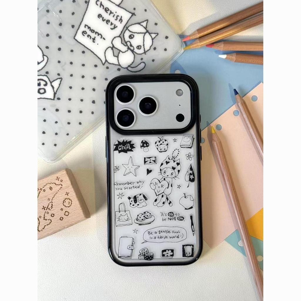 Doodle Dot Cat Case: Korean Style, Frosted Acrylic, Black Border for Apple 13Pro, 14Pro, 15Pro, 16Pro, 17Pro