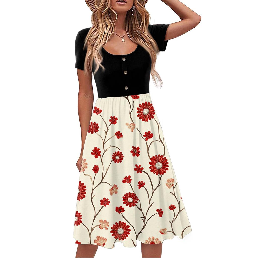Fashion Women Summer Vintage Floral Dress Elegant Short Sleeve Midi Dress