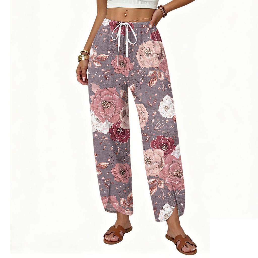 Women’s Casual Loose Straight Leg Wide Leg Pants Drawstring Waistband Printed Trousers Lightweight Relaxed Fit for Daily Wear