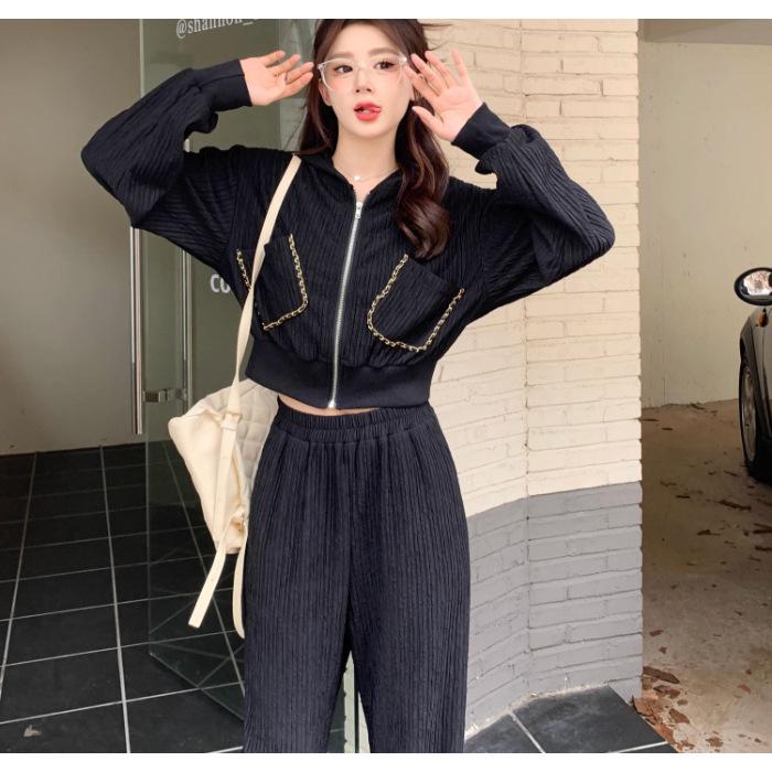 

Women s Casual Fashion Sweatshirt & Wide-Leg Pants Set - Early Autumn Collection Large чёрный