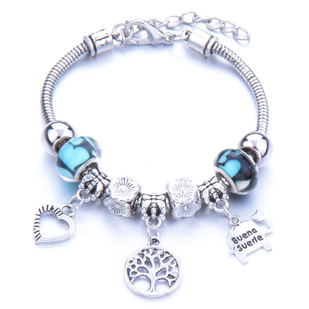 Vintage Handmade Alloy Large Hole Glass Bead Elephant Tree of Life Design Transparent Bracelet Multiple Styles Available