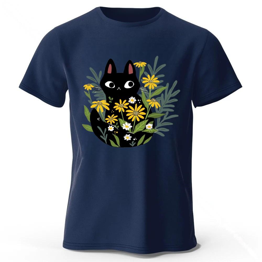 

Spring Literature Clear Black Cat Printed Cotton T-shirt for Men Fashion Casual Plus Size Loose Short Sleeve Soft Top M темно-синього кольору