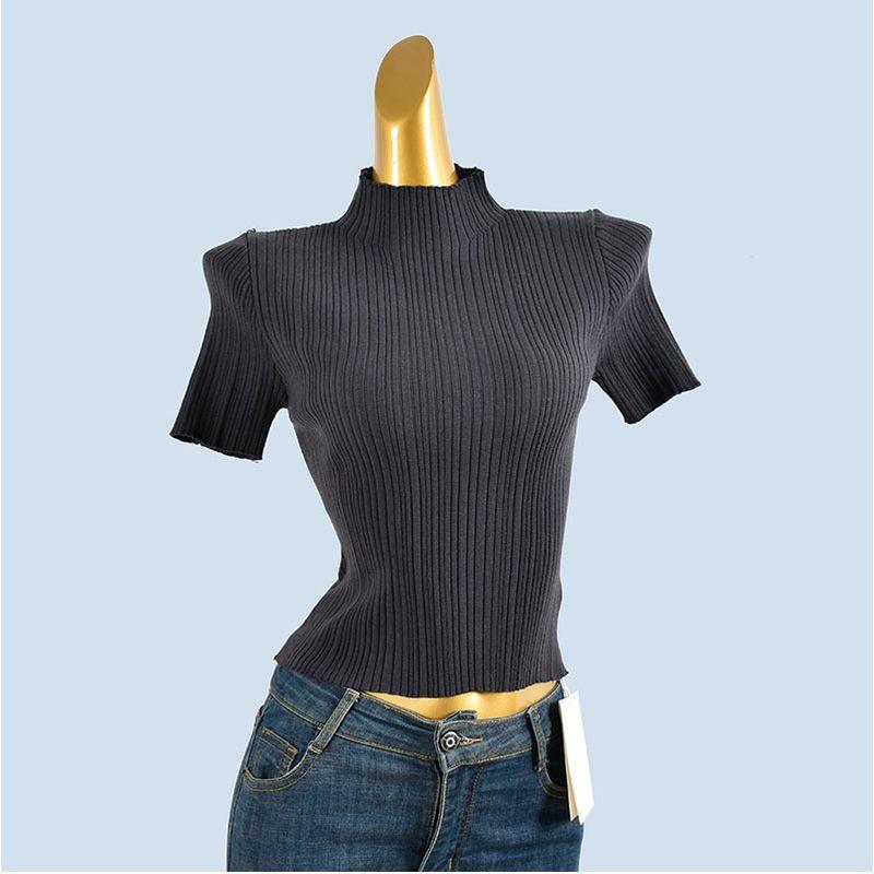 Fleece Blended Spring and Autumn New Women Solid Short sleeve Woolen Sweater Women Simple Half-high Collar Slim fit Slimming Top