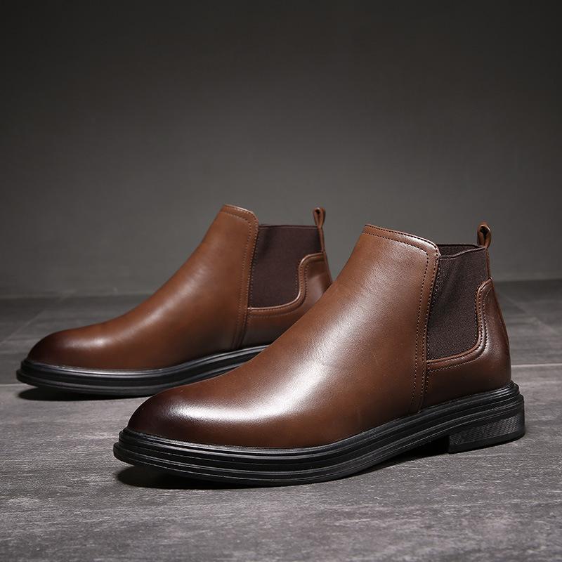Large Size Pointed Chelsea Boots British Leather Boots Business Men's Boots Fleece Thermal Shoes