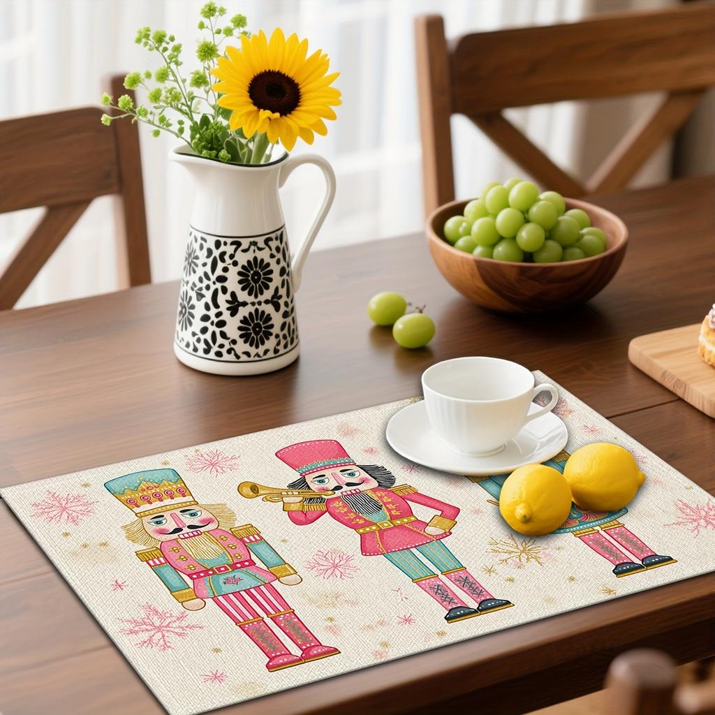 4/6pcs, Christmas Nutcracker Placemats, Colorful Nutcracker Soldiers, Pink And Golden Snowflake Linen Table Mats, Suitable for Holiday Kitchen Table D