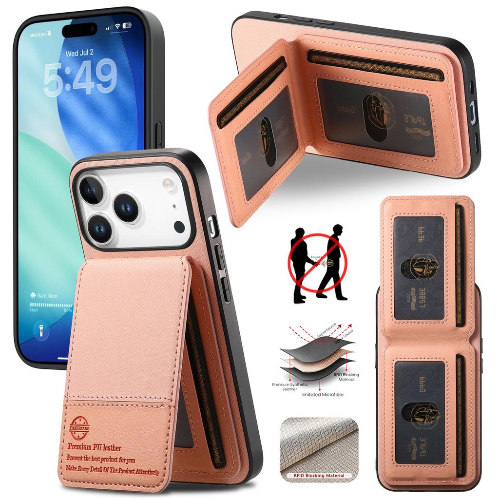 For iPhone 17 Pro Case Cloth Texture Leather+PC+TPU RFID Blocking Phone Cover with Card Holder