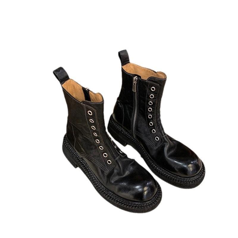 Cowhide round head design sense niche Martin boots children's new thick bottom side zipper locomotive short boots