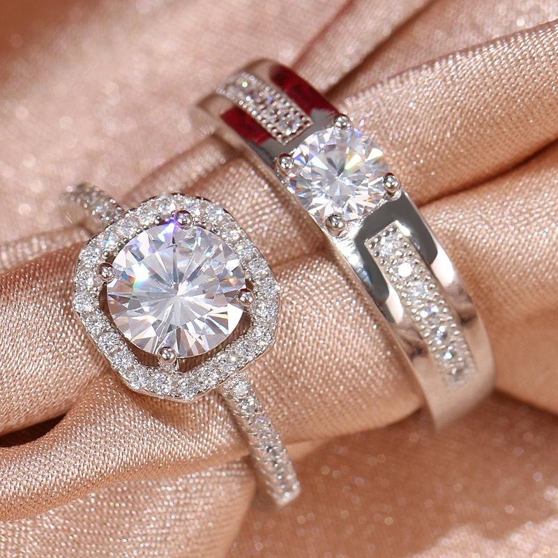 Couples Open Ring Simulated Silver Plated Wedding Ring Adjustable Size Geometric Design