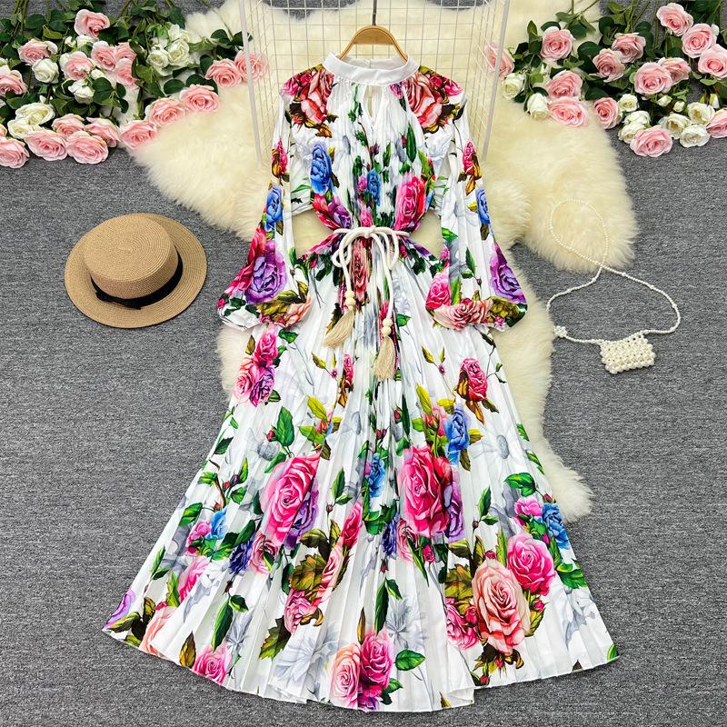 YYFS Γυναικεία Μόδα Άνοιξη Φθινόπωρο με μοτίβο λουλουδιών με μακρυμάνικο λαιμόκοψη Casual φορέματα