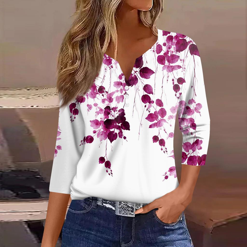 Women's T Shirt Tee Printed Button Short Sleeve Tunic Daily Weekend Fashion Basic V- Neck Regular Top