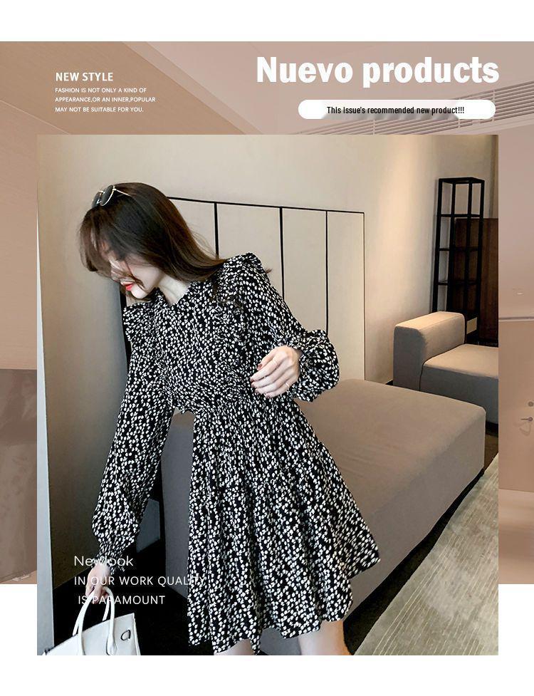 2026 French Retro Waist-Cinched Floral A-line Skirt Dress - Women's Elegant Long Sleeve for Spring/Autumn