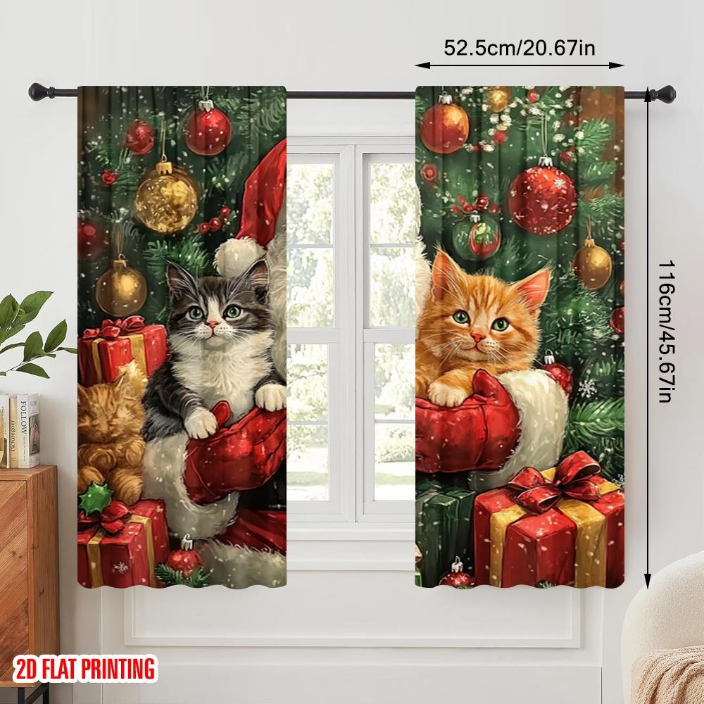 2pcs,2D plane printing Creative Curtains Santa Kitten Christmas Presents (2) Polyester Woven (without rod) Decorations Inside