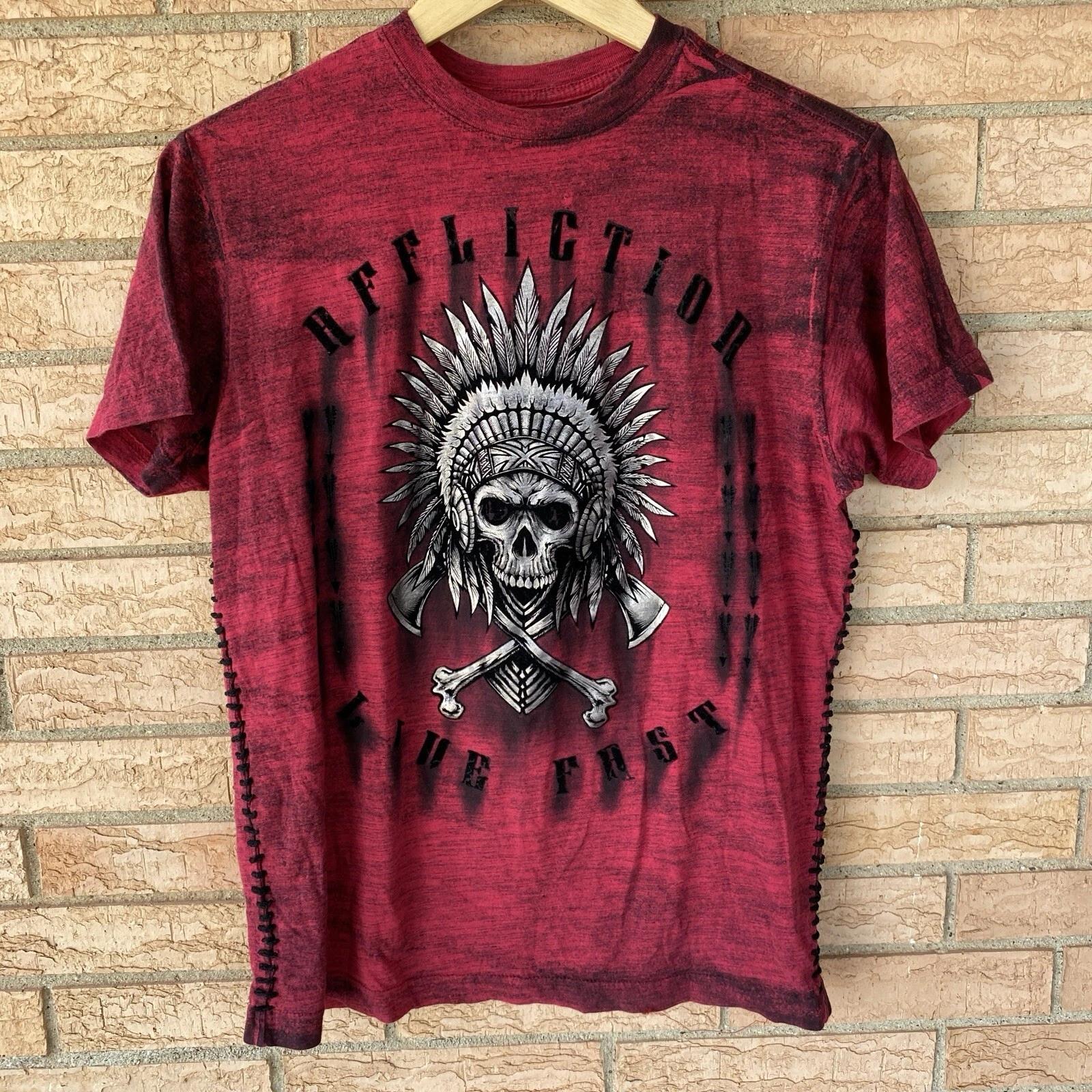 

Футболка Affliction American Customs размер Маленький череп коренной американец красный тай-дай S