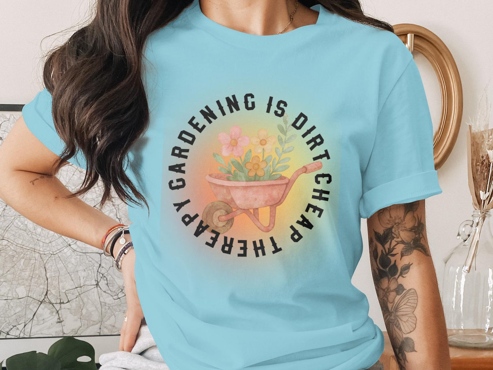 Gardening Is Dirt Cheap Therapy T-Shirt, Faux Watercolor Garden Quote Tee S