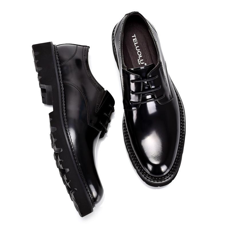 Men's British Style Patent Leather Derby Shoes - Formal Lace-up with Thick Sole & Round Toe