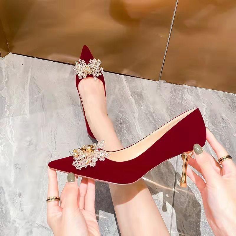 Pointed wedding shoes women's new main wedding dress bridal shoes can usually wear bridesmaid shoes crystal high heels