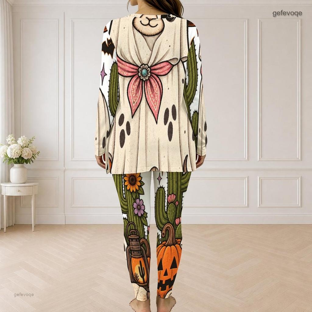 Women Plus Size Printed Half Zip Long Sleeve Longline Top Fitted Pants Two Piece Set