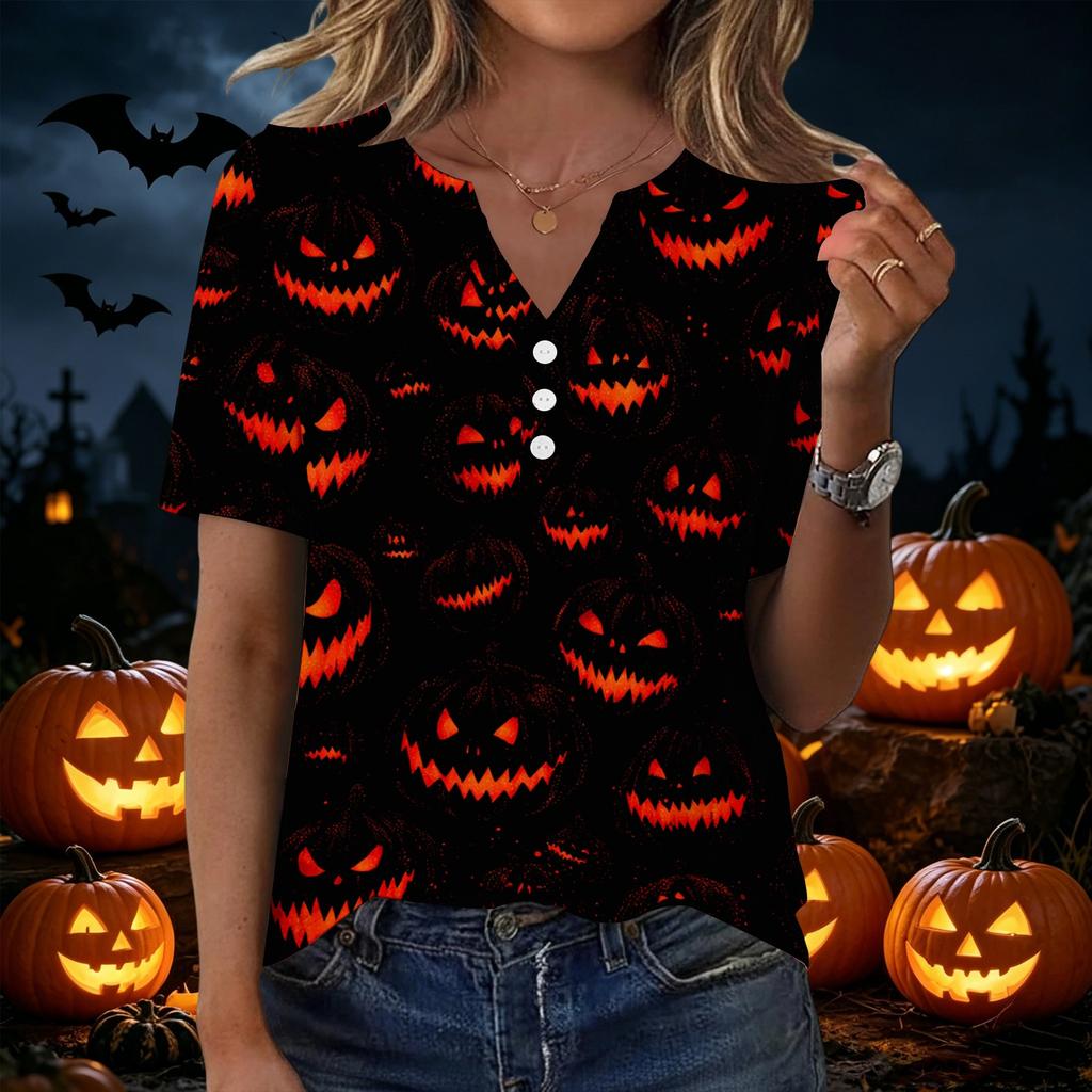 Camiseta casual de manga corta con cuello en V para mujer con botones decorativos Estampado de calabaza de Halloween Top para uso diario