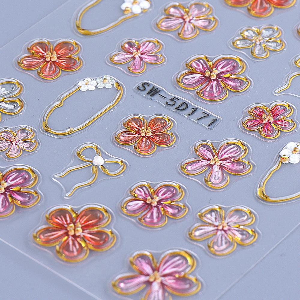 1pc Embossed Floral Nail Stickers - Translucent Flower Bows with Golden Glitter Accents, Self-Adhesive Glossy Nail Art Decals