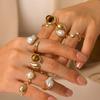 Vintage Natural Stone Stainless Steel Rings for Women Men Trendy Gold Plated Hollow Geometric Ring Finger Accessories Jewelry