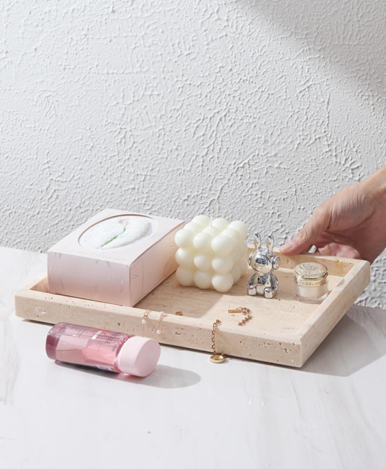 Nordic Beige Travertine Marble Tray: Light Luxury Entrance Hall Decoration & Jewelry Storage Ornament