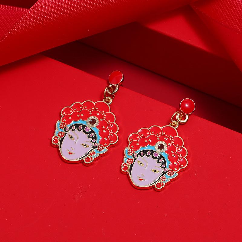 

Chinese style knife and horse dan retro Peking Opera face mask earrings femininity long fringed stud earrings red trendy ear jewelry