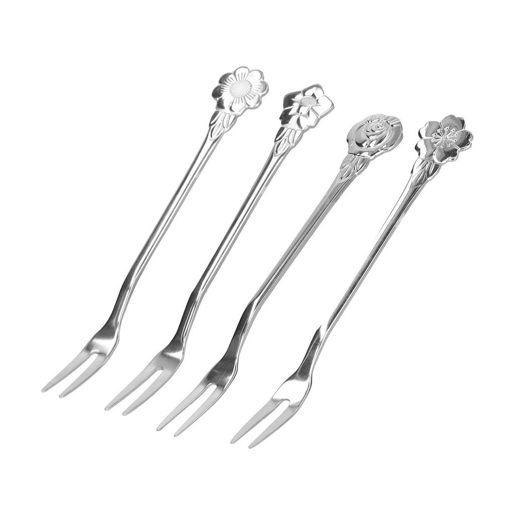 4pcs 2 Prong Fruit Fork Stainless Steel Mini Salad Fruit Dessert Tasting Forks for Home Kitchen PartySilver