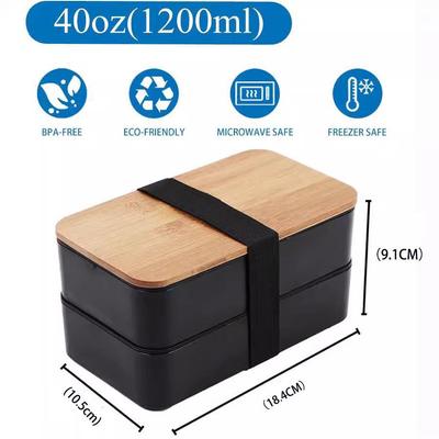 Japanese Style Wheat Straw Lunch Box with Bamboo Lid and Cutlery - Microwaveable Compartments