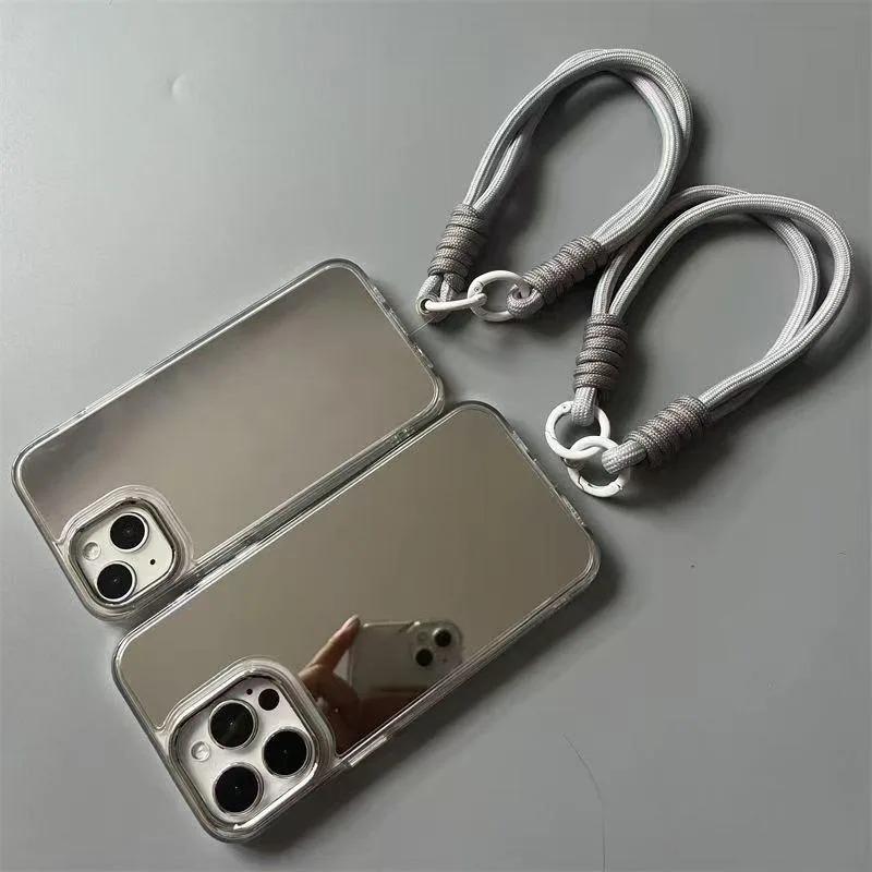 New Makeup Mirror Phone Case For OnePlus 12 12R 11R ACE 3 2 Nord CE 4 3 2 N30 2 3 Lite 5G With Gray Short Lanyard Hard Cover