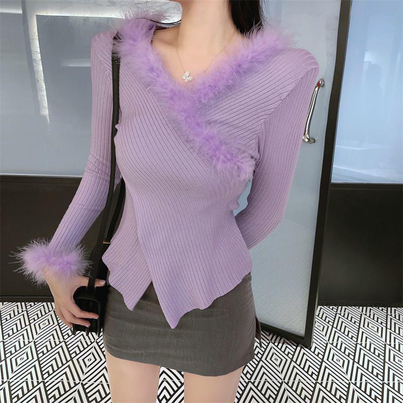 Women's Designer Slim Fit V-Neck Sweater - Fuzzy Splicing, Autumn/Winter Collection
