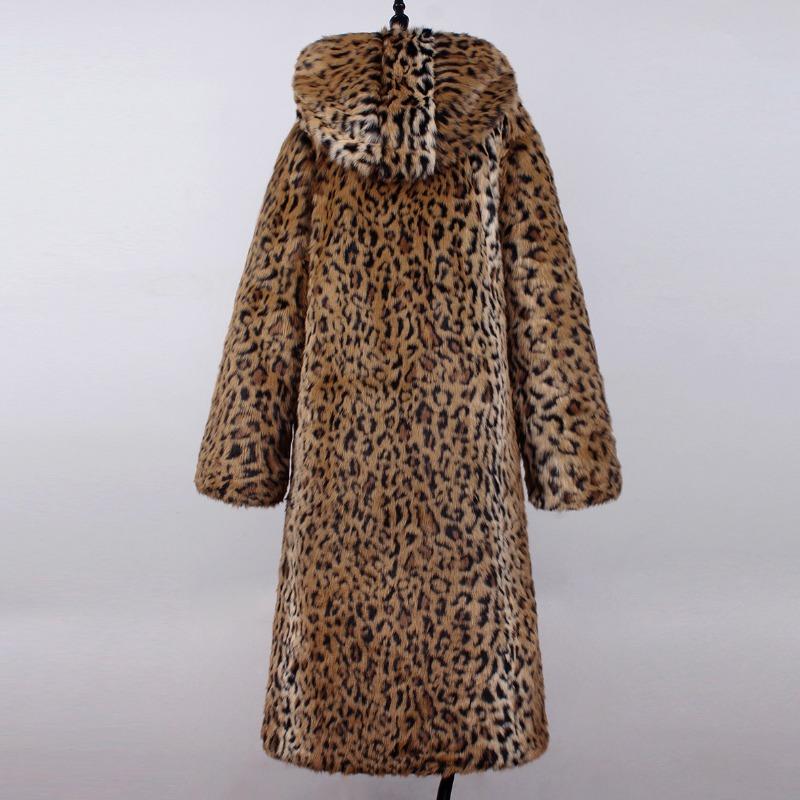 Autumn and winter new women's long hooded imitation fur coat top women's leopard print coat