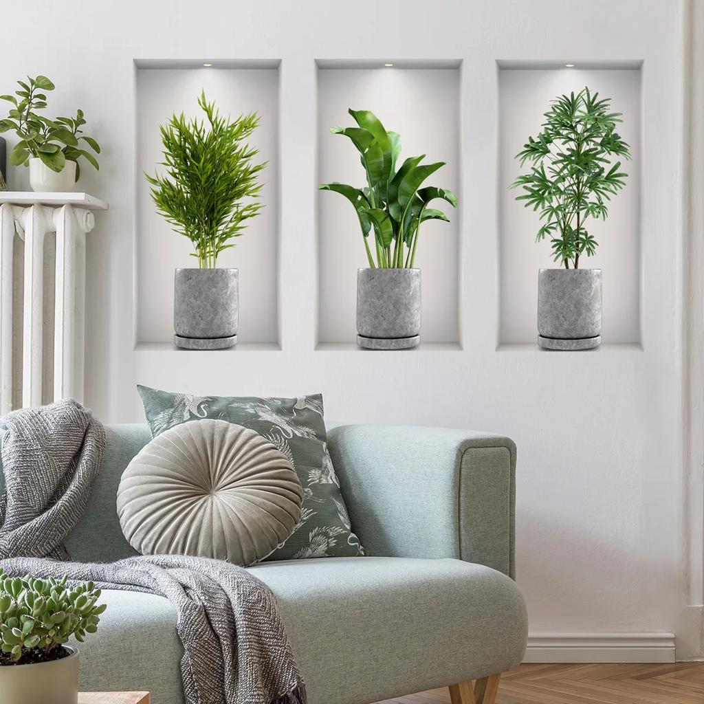 3 Blätter Grüne Pflanze Topfpflanze Wandaufkleber 3D Falsches Fenster Wandaufkleber Vinyl Wohnzimmer Hintergrunddekoration Wandaufkleber