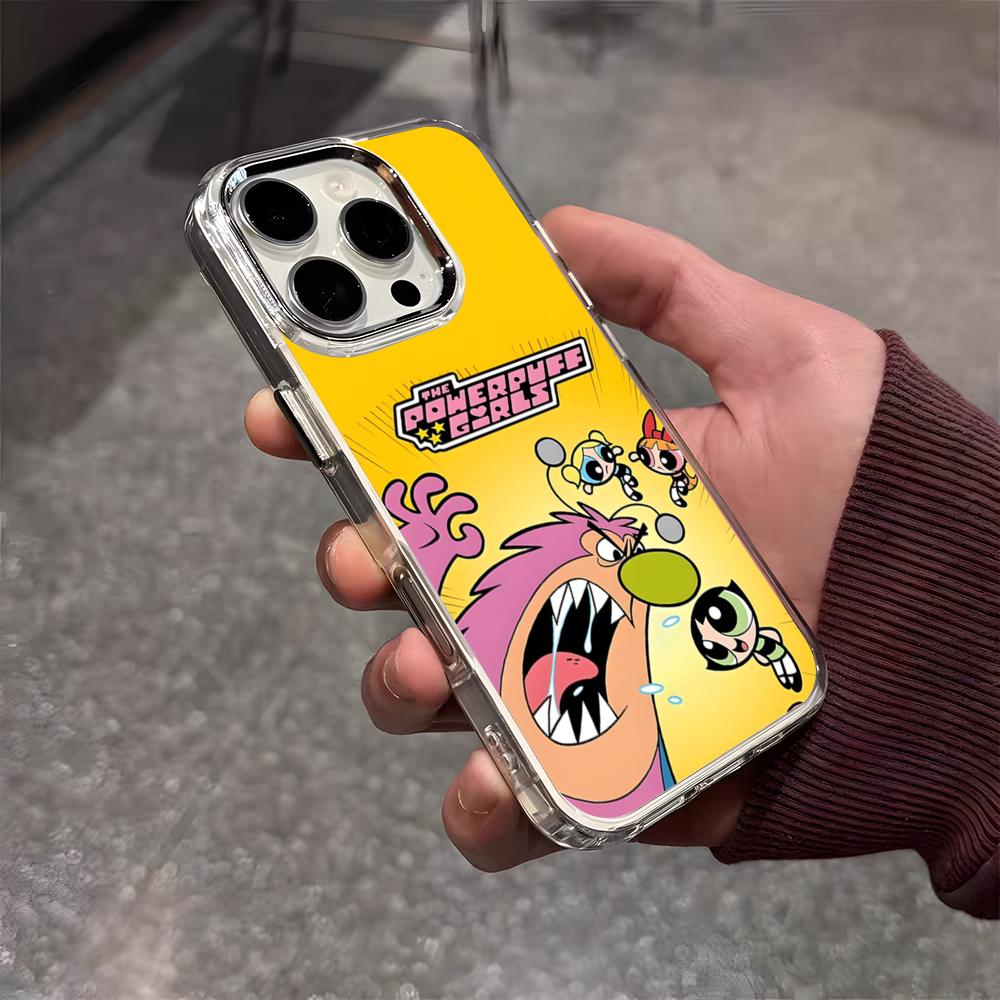 The P-Powerpuff Girls Cute Phone Case For IPhone 17 Air 16 E 15 14 13 12 11 Plus Pro Max Electroplated Transparent Soft Shell