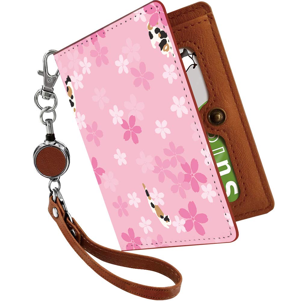 

[Pretimo] Pass Case with Reel, Cute Cat, Cherry Blossom, Calico Cat, Walking, Pink, Animal Print, Bifold, See-Through, Stylish, Women s, Cat Print,