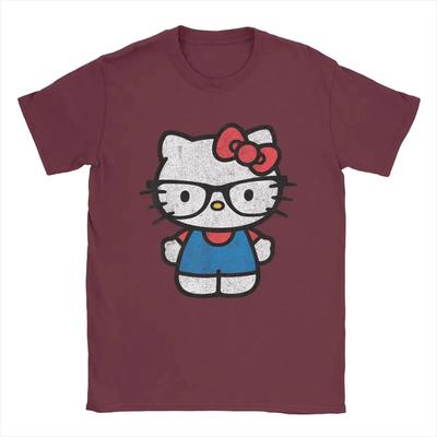 Μπλουζάκια Hello Kitty με Γυαλιά Νερντ σε Στυλ Παλαιωμένο για Άνδρες Νέες Πρωτότυπες Μπλούζες από 100% Βαμβάκι με Στρογγυλή Λαιμόκοψη Κοντομάνικο Ρούχα#Χρώμα(2)