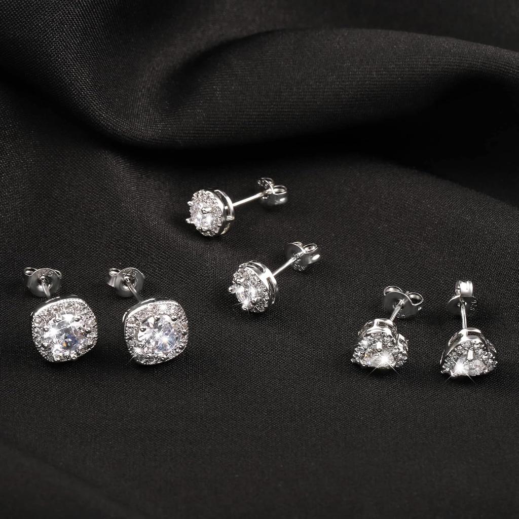 Hypoallergenic Silver Stud Earrings for Women Cubic Zirconia Halo Round Heart Square Diamond Large Silver Stud Set Earring