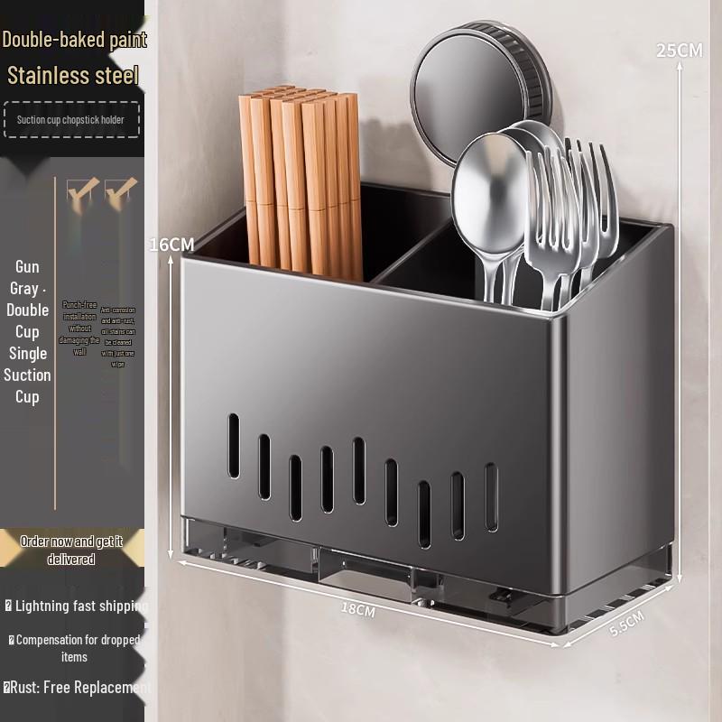 Wall-Mounted Stainless Steel Chopstick and Utensil Holder with Suction Cup
