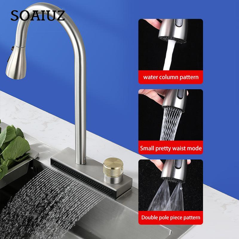 Stainless Steel Faucet Pull-Out Type for Kitchen Sink Hot and Cold Water Non-Digital 1/2 Inch Pipe Rainfall Waterfall Water Tap Accessories