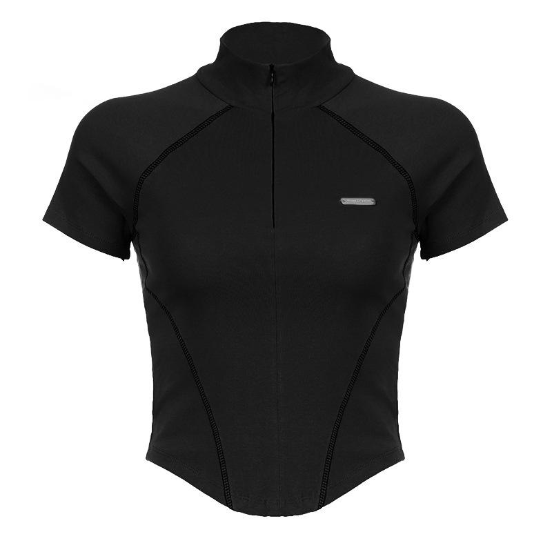 

Трендовый топ с коротким рукавом и воротником-стойкой, с потайной молнией и контрастной строчкой, 2024 Small чёрный