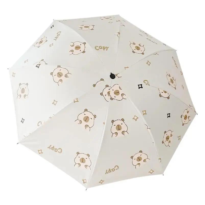 Girls Capybara Sun Umbrella Portable Foldable Plastic UV Protective Sunshade Dual-Use Cute Design for Outdoor Travel