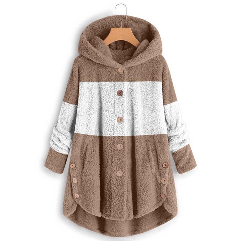 Women's Two-Tone Fleece Coat Hooded Button-Up Winter Warm Jacket