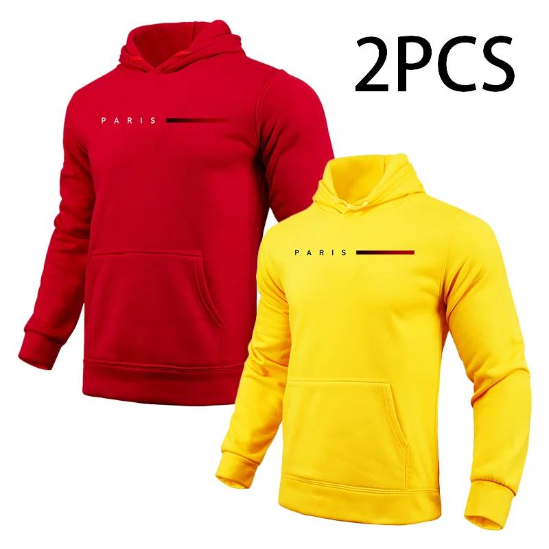 2pcs Hoodies Male Autumn Winter Hooded Long Sleeve Pullover Paris Printed Sweatshirt Urban Fashion Casual Sporty Hoody Coat