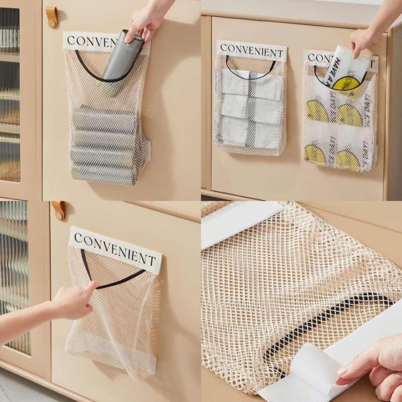 1-5pcs Kitchen Waste Bag Storage Magic Stick Net Pocket Wall Mounted Large Capacity Plastic Bag Organizer Polyester Fiber Bag