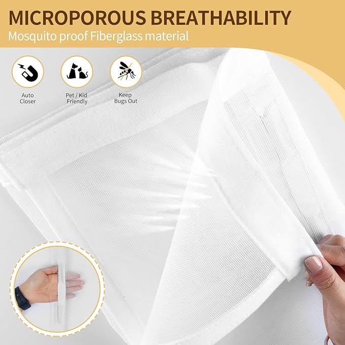 White Magnetic Screen Door,Reversible Left or Right Side Opening,Keep Bugs Out, Hands Free, Pet and Kid Friendly, Fits Door