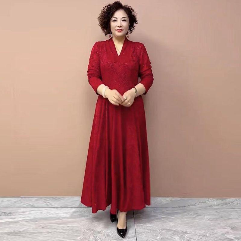 High-end Women's Plus-size Dress Spring and Autumn Slim-fit V-neck Long Printed Dress Stretchy A-line Dress