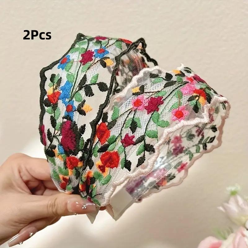 2pcs Women'S Floral Lace Headbands - Vintage Bohemian Wide Non-Slip Mesh Hairbands with Comb Teeth, Colorful Flower Embroidery