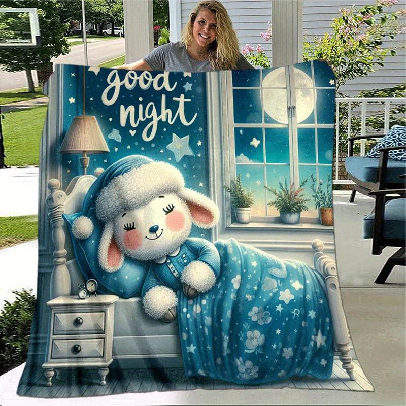 1pc Cute Lamb Printing Lightweight Flannel Blanket, Comfortable and Warm Blanket, for Camping Sofa Bed and Couch Office, Gift