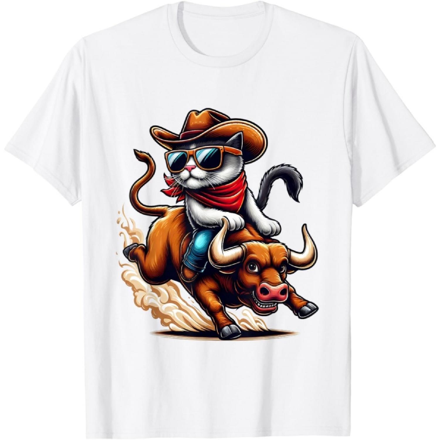 Ковбойский Кот Едет на Быке Вестерн Забавный Кот Родео Наездник на Быке Футболка S
